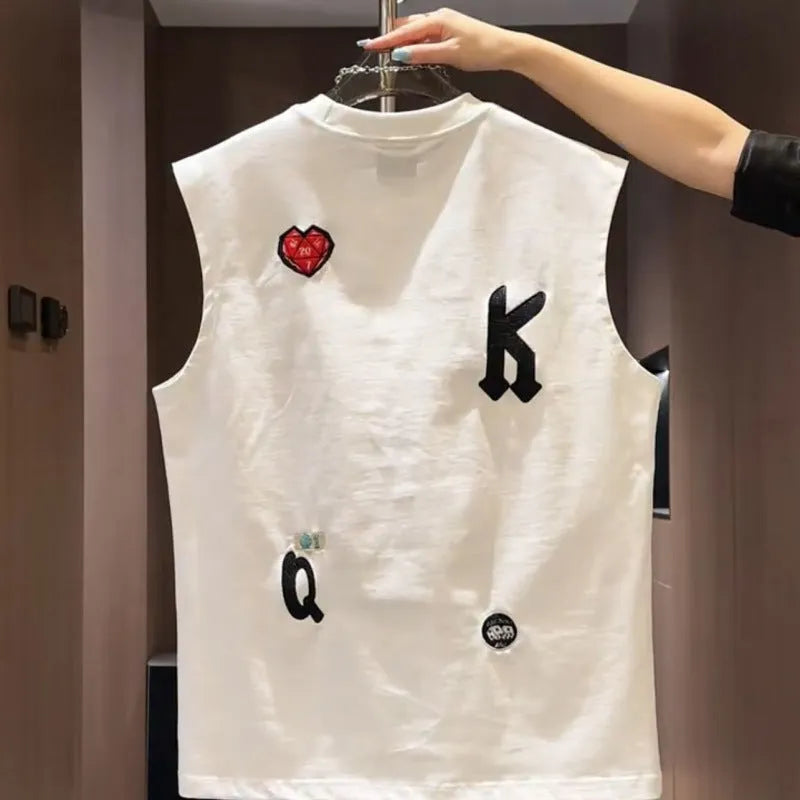 Men cartoon printed sleeveless vest T-shirt loose fit cotton white front view