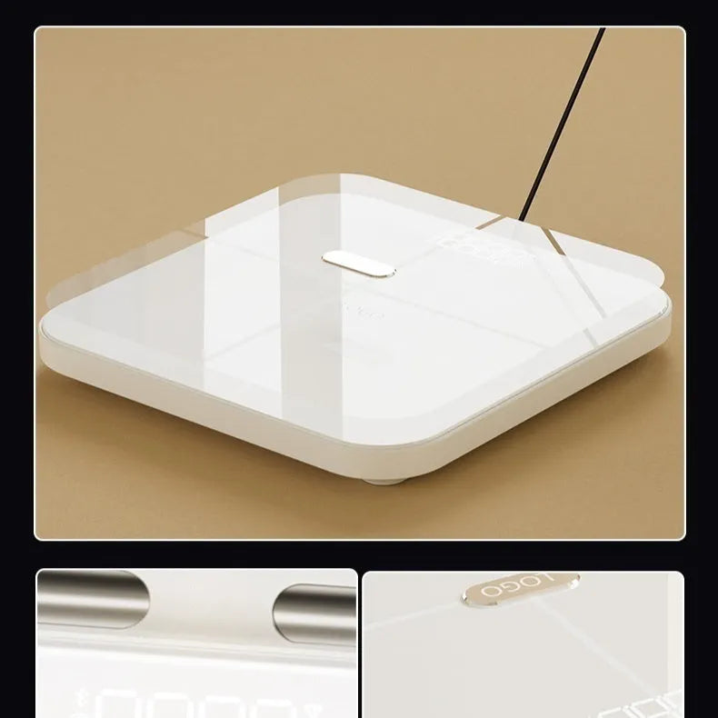 White professional body fat scale with 8 electrodes and tempered glass platform