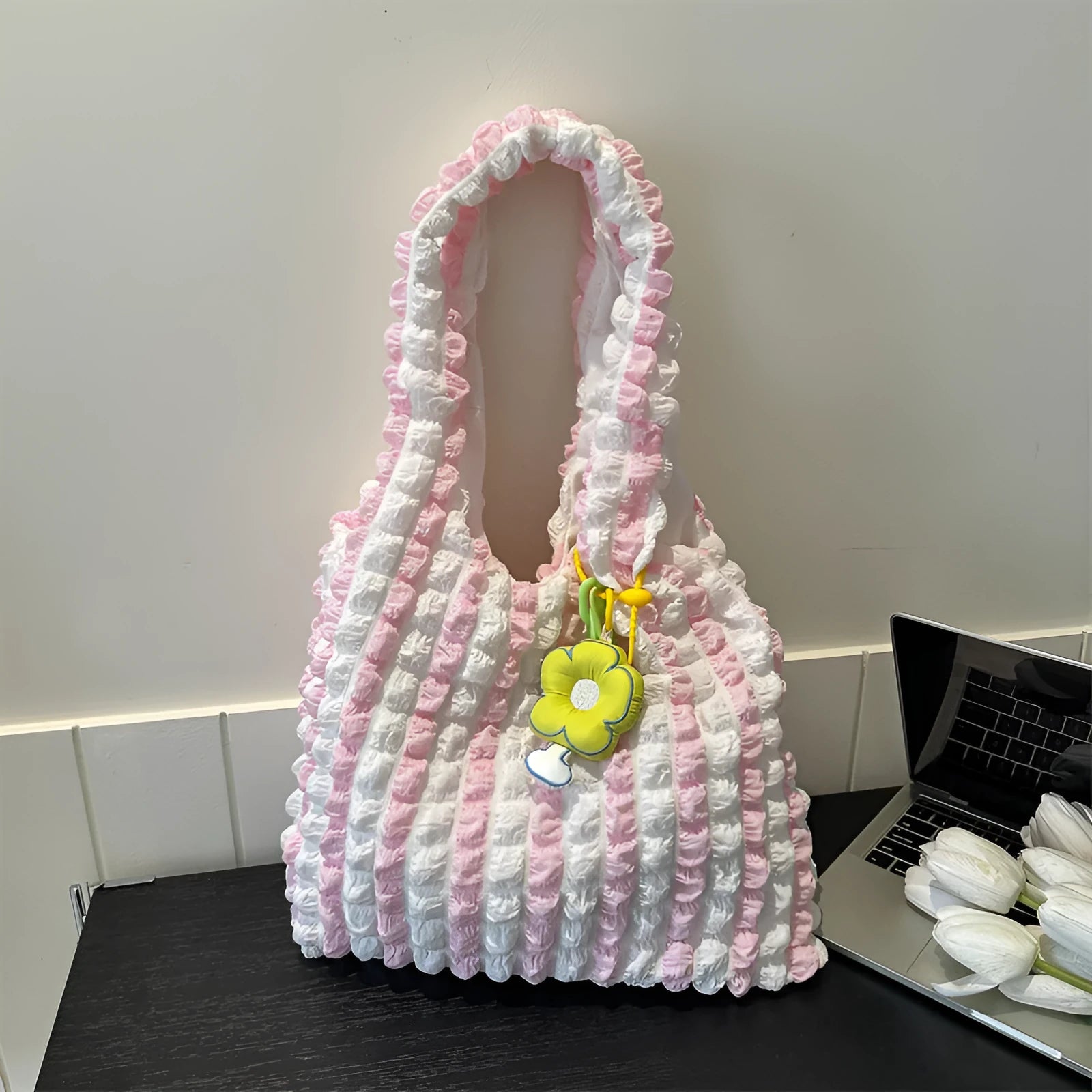 Pleated bubble bag women sweet flower design polyester soft vertical square crossbody shoulder bag with pendant in beige