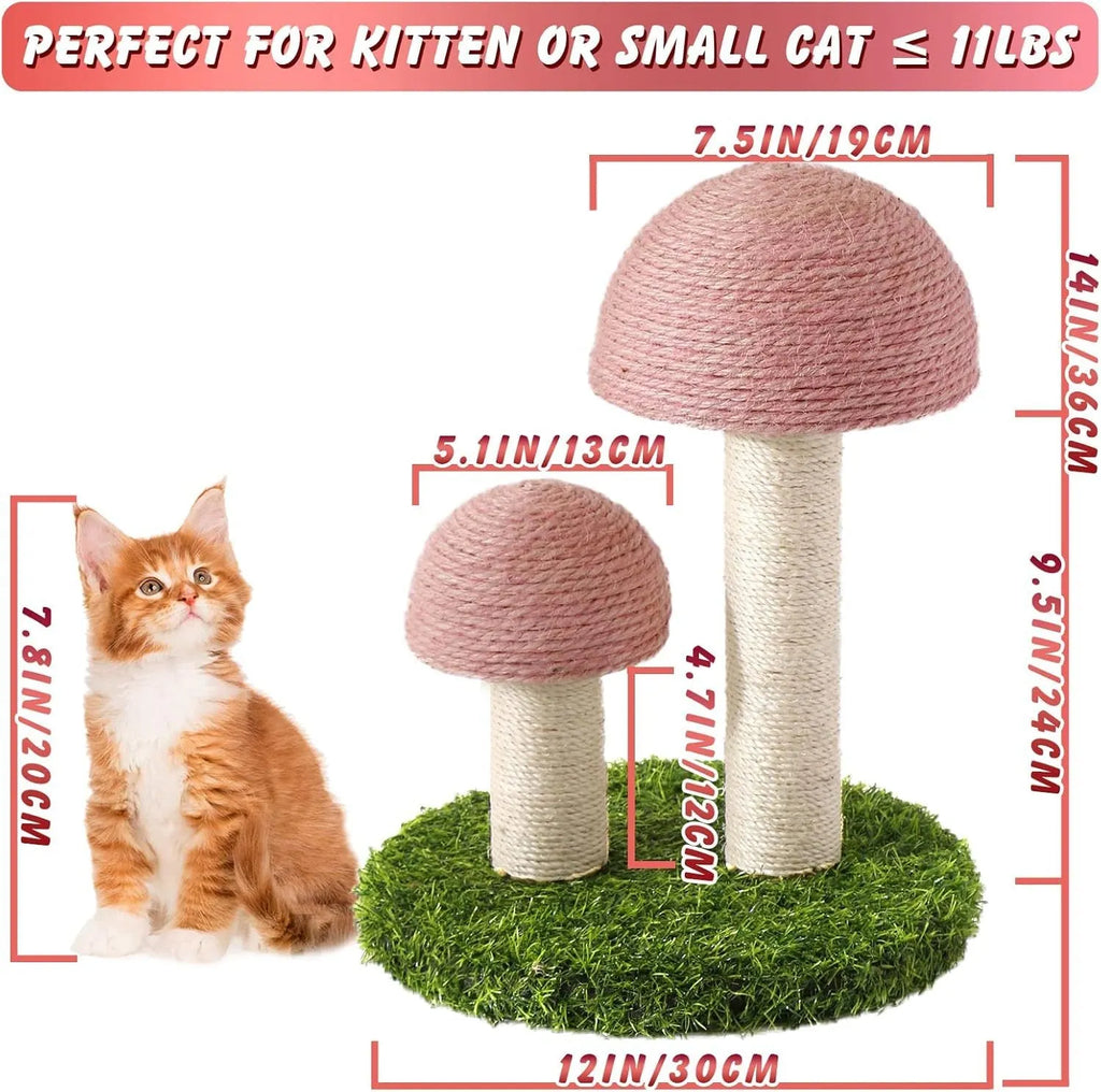 Pink mushroom-shaped cat scratching post with sisal caps for kittens and small cats