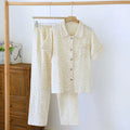 Women's washed cotton gauze short-sleeved top and loose trousers casual set in a summer colour