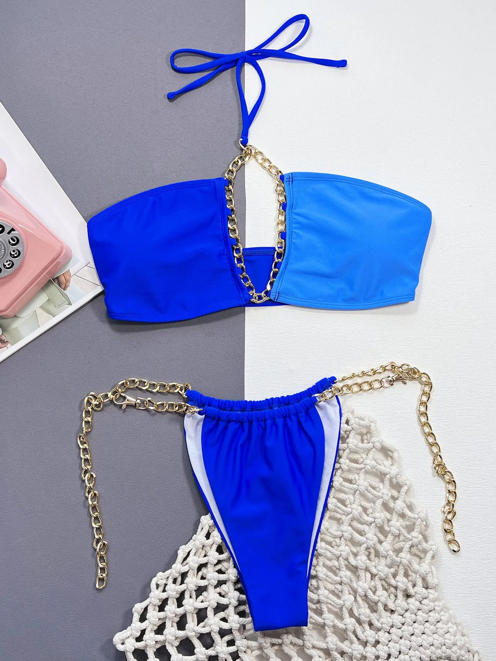 Blue solid colour nylon split bikini set for women, two-piece in sizes S M L