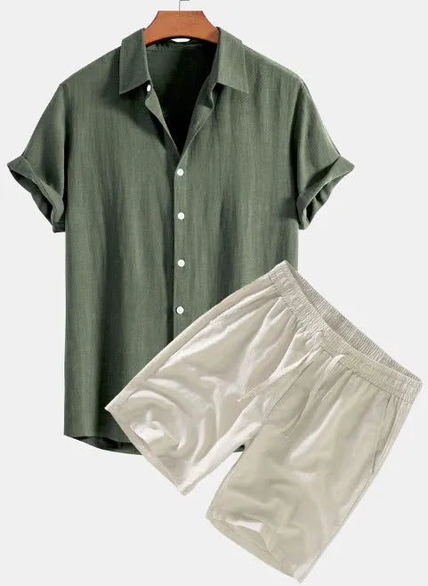 Men's solid color casual short-sleeved shirt and shorts suit in polyester fibre, available in black, coffee, green, navy blue, white, wine red.