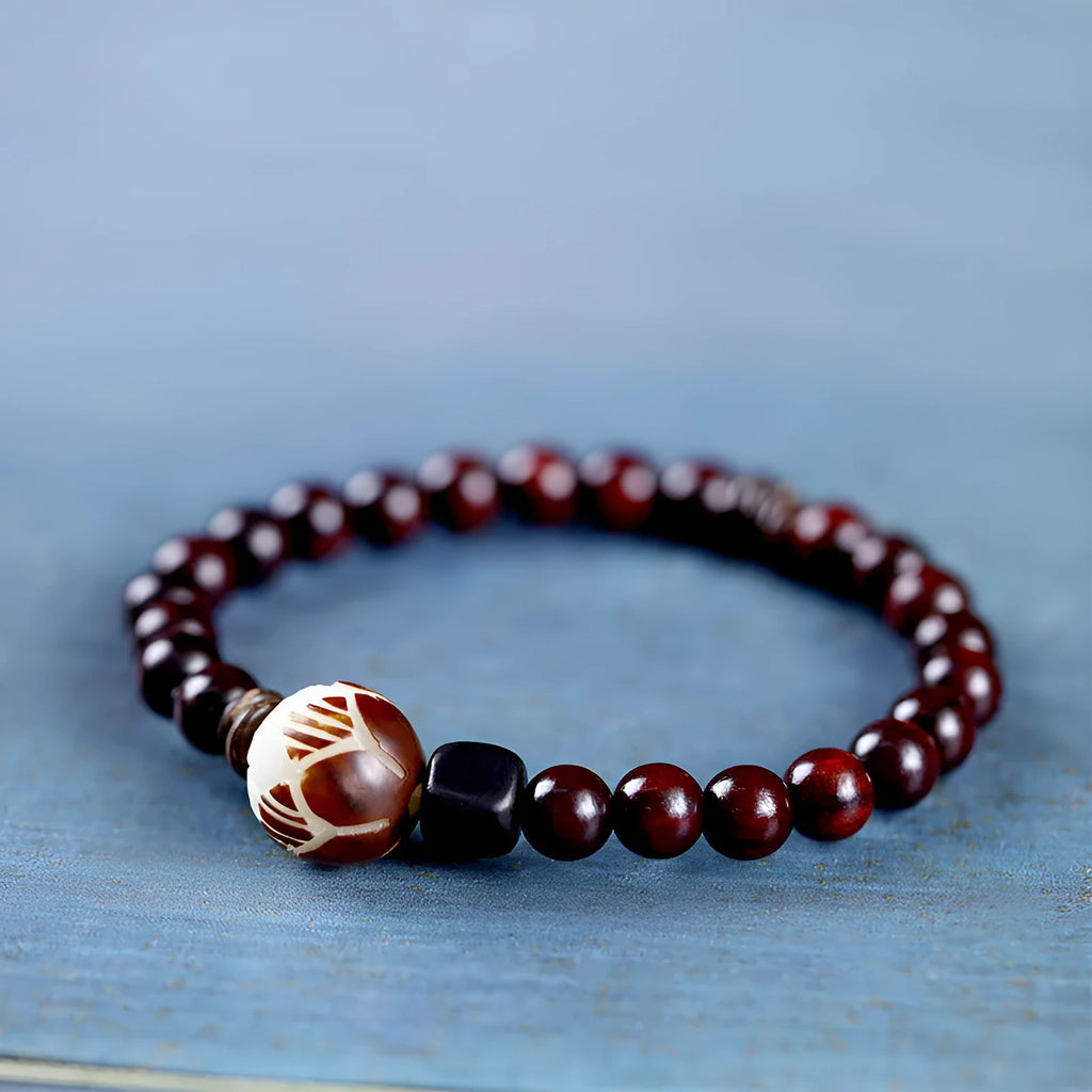 Natural rosewood double-ring bracelet with hand-knitted construction and flower-shaped beads