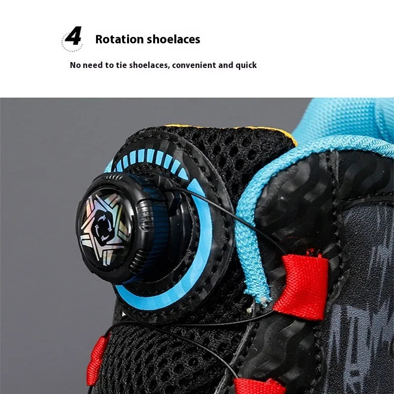 Children's rotating button basketball shoes in synthetic leather, shown in black colourway.