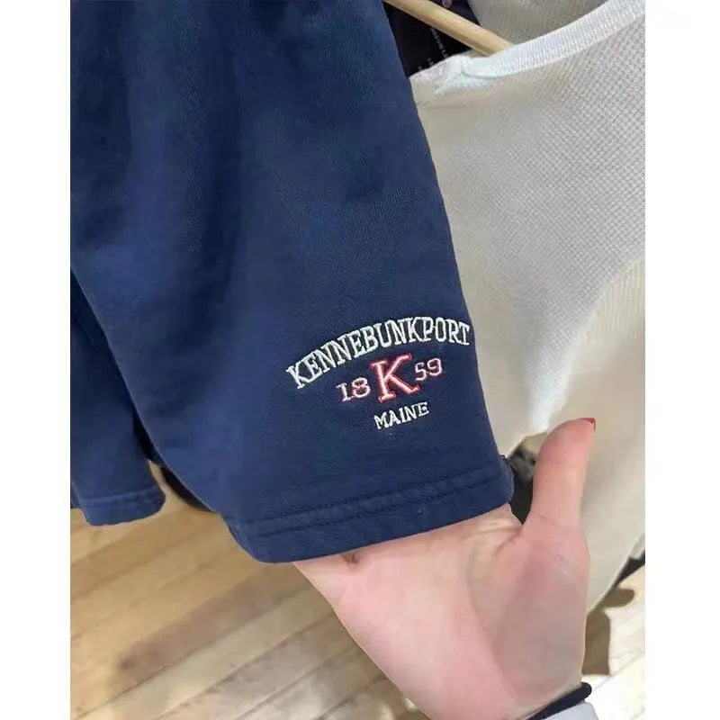 Women's dark blue cotton sports hot shorts with white flag embroidery