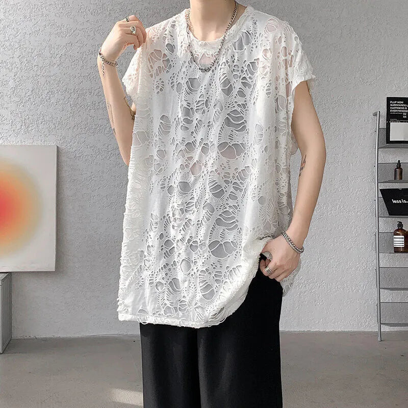 Black ripped beggar sleeveless wide shoulder vest loose pullover Japanese retro hole design polyester fibre top