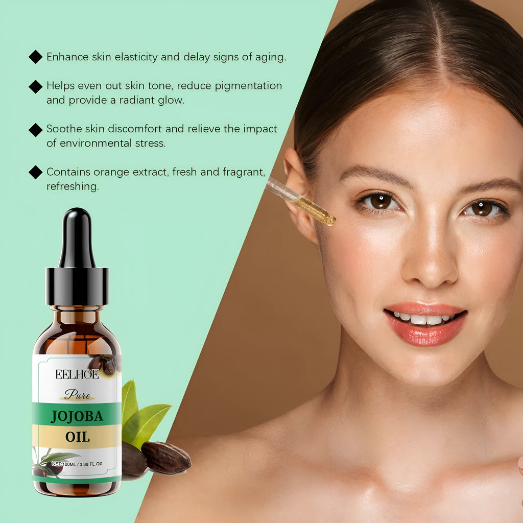 Amber glass bottle of 100ml organic jojoba oil facial treatment with vitamin E and orange extract.