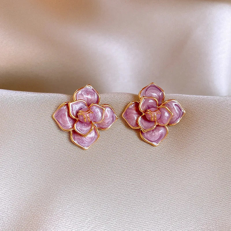 Purple oil-spot glaze flower stud earrings with gold plating on copper