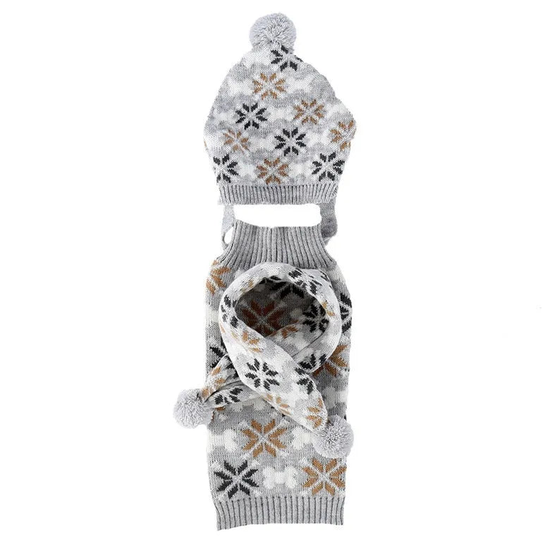 Japanese-style retro jacquard acrylic pet sweater and scarf hat set in gray and pink for small dogs and cats