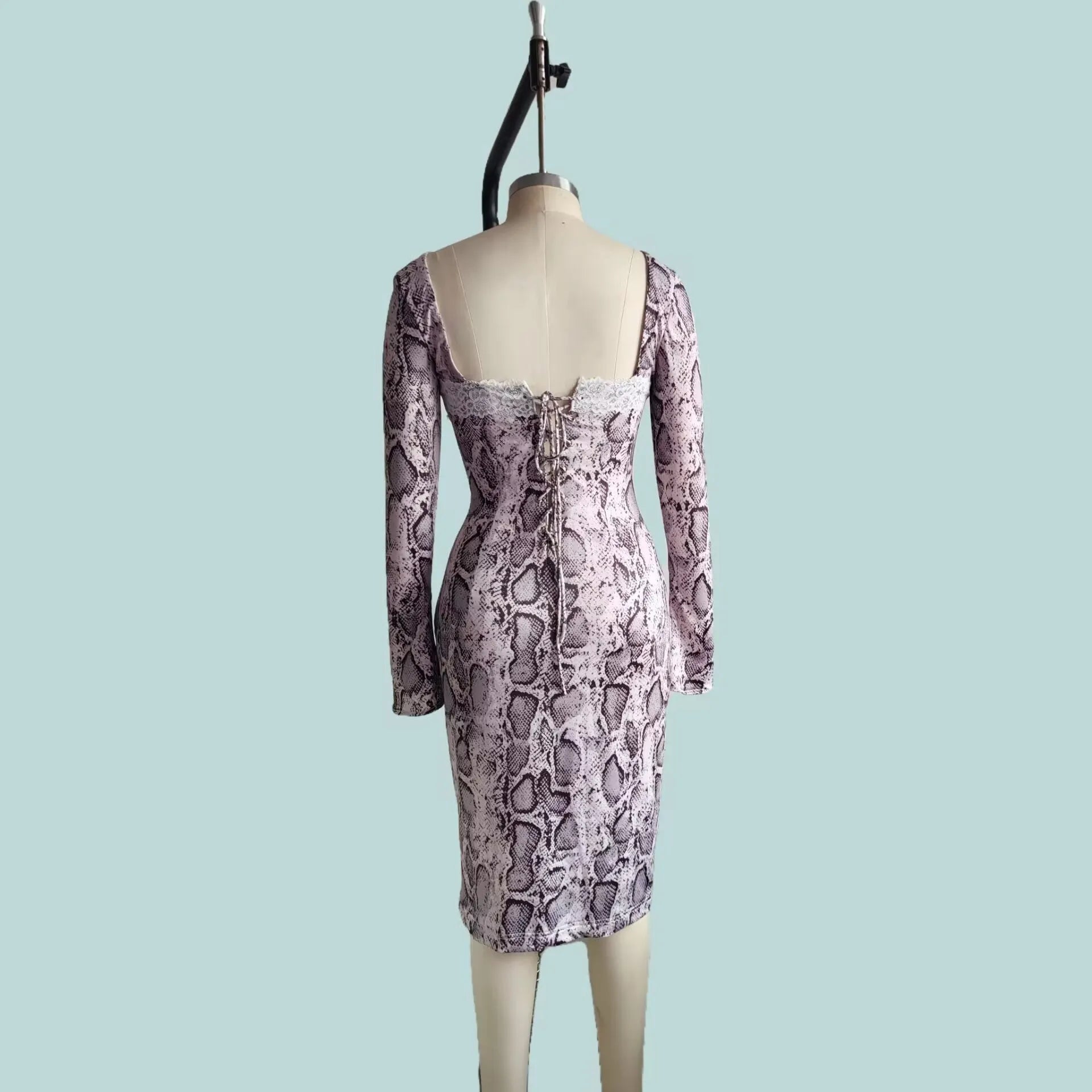 Grey digital printed slim fit lace dress with 3D pattern effect and A-line skirt