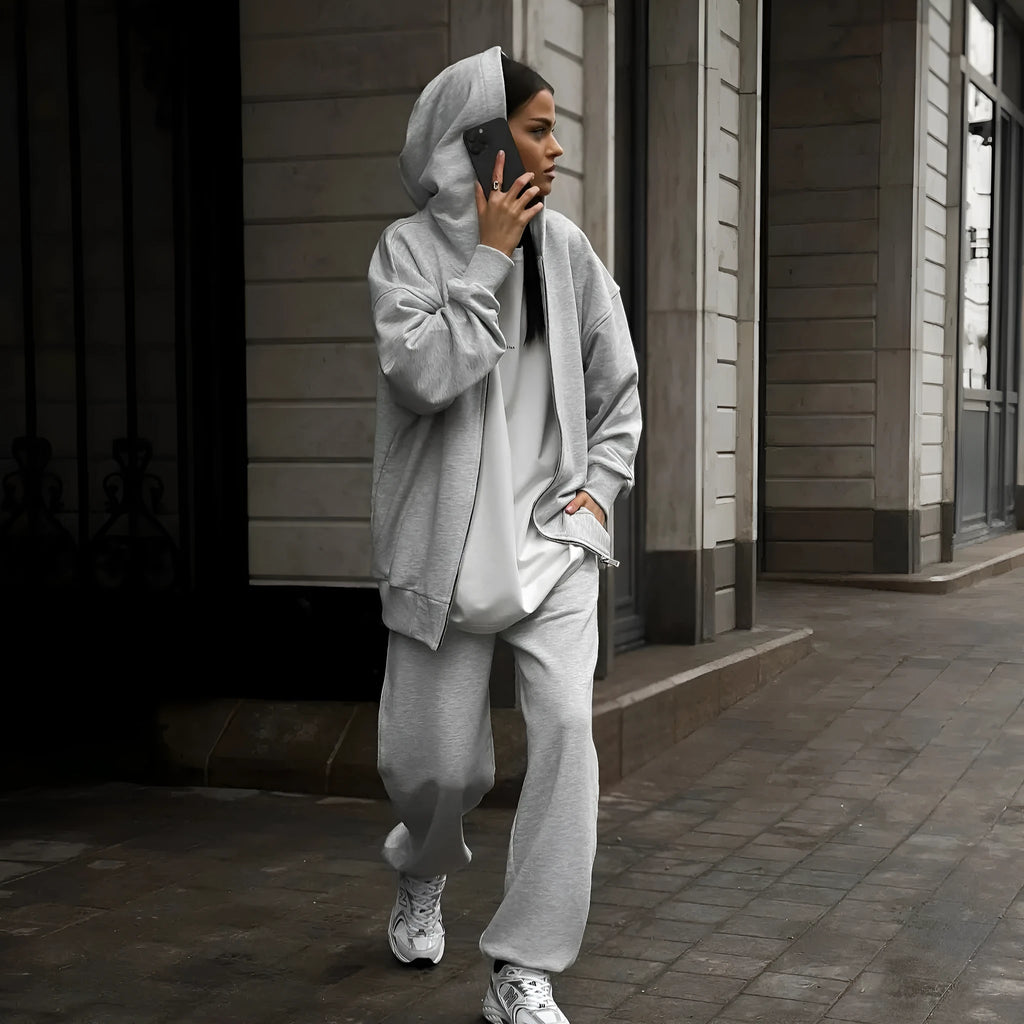 Women's loose fit red polyester coat and trousers two-piece street style set