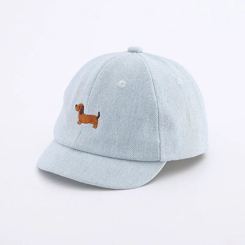 Baby denim baseball cap with puppy design in light blue, sunshade brim, 48cm size