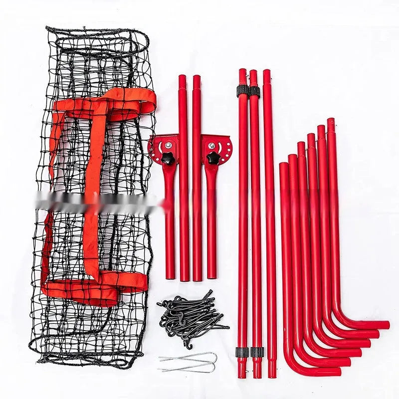 Red metal frame baseball training net set up for practice, measuring 4x6ft with poles