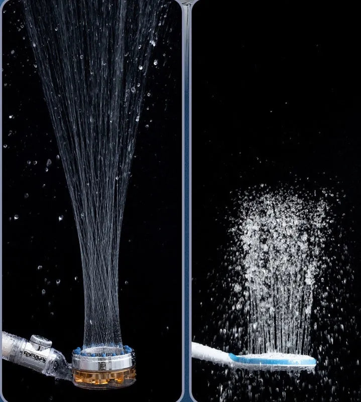 Pressurized turbo shower head with stainless steel panel and one-key stop button for water saving