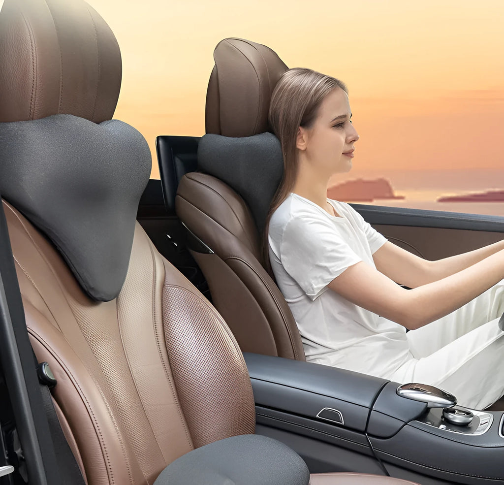 Memory foam car neck pillow in dark gray with polyester cover, 67cm length, for four seasons use