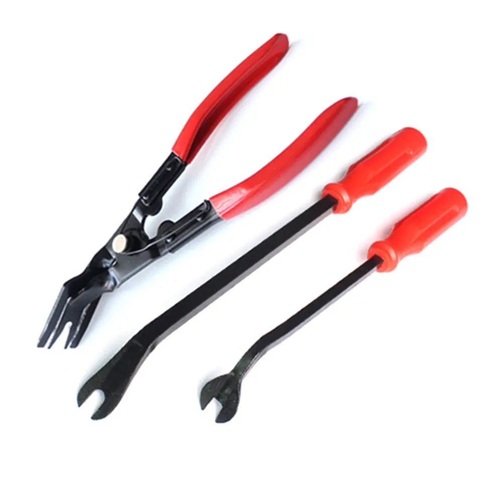 Red-handled steel automotive door panel clip removal tool for General Motors vehicles