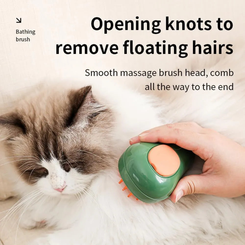 Green rechargeable cat steam brush with water spray nozzle and soft silicone teeth on a white background.