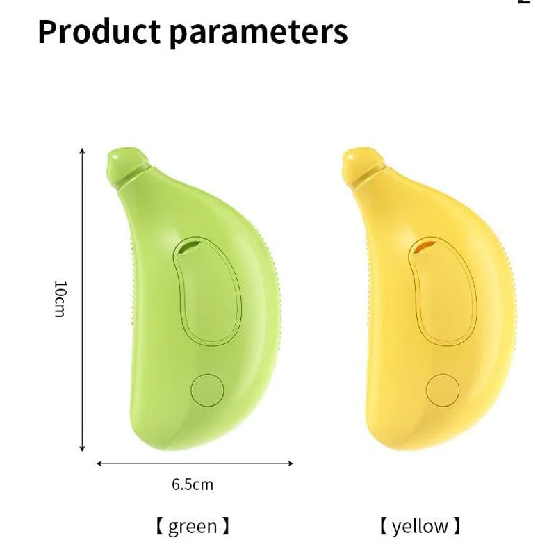 Green and yellow rechargeable steam cat brush with silicone paw-shaped bristles on a white background.