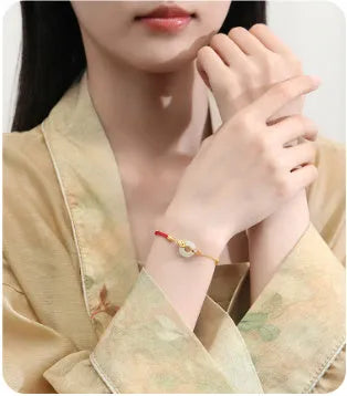 925 silver koi peace buckle bracelet with Hetian jade and red rope, gold electroplated finish