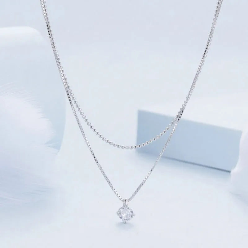 Women's S925 sterling silver double-layer necklace with pearl chain in shining silver colour