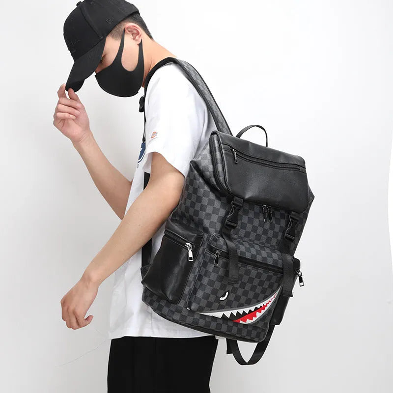 Korean casual checkered printed large capacity PU leather backpack with curved shoulder straps