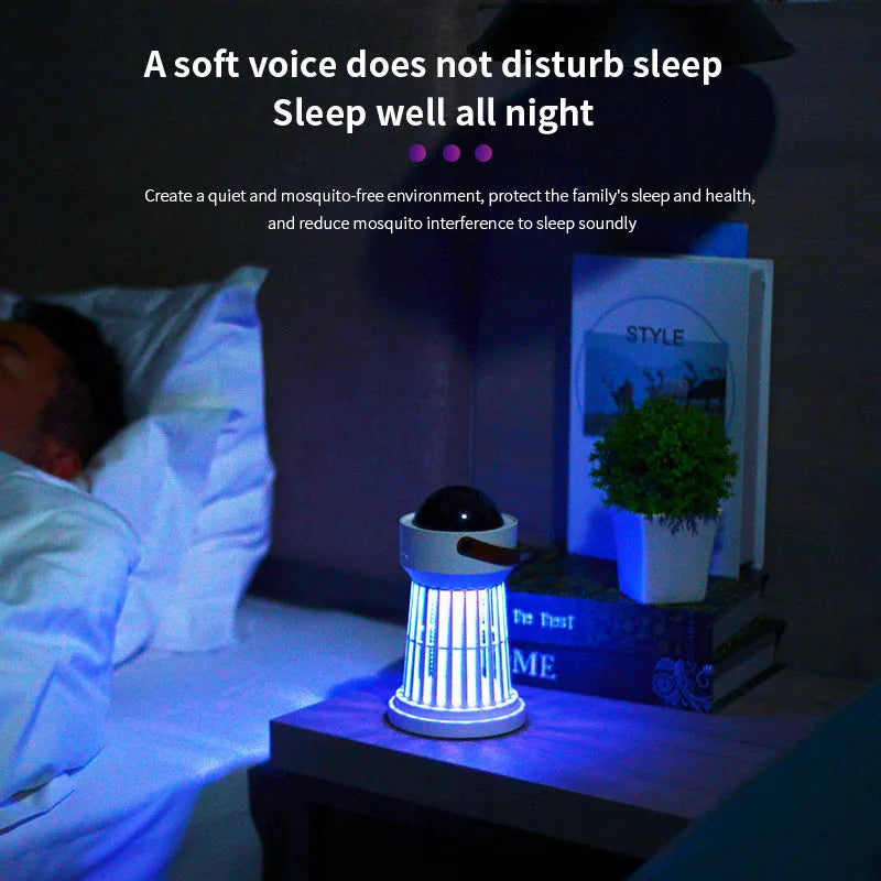 White 2 in 1 electric mosquito killer lamp with star ceiling projection and folding handle on table