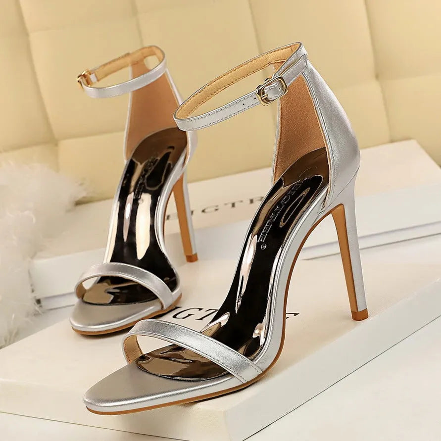 European and American style high heels with ankle-strap and open toe in various colours