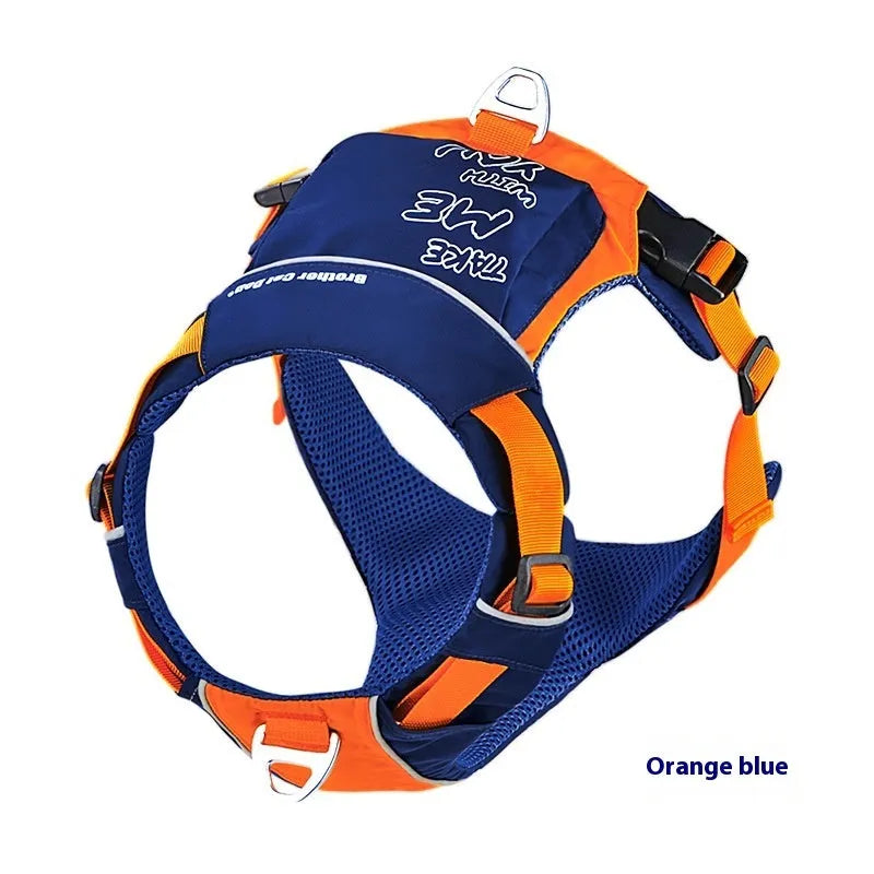 Orange blue nylon dog chest strap vest with hand rope leash shown on adjustable sizing