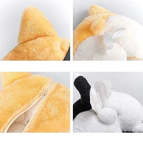 Yellow corgi butt-shaped soft tissue box cover with elastic strap for car sun visor.