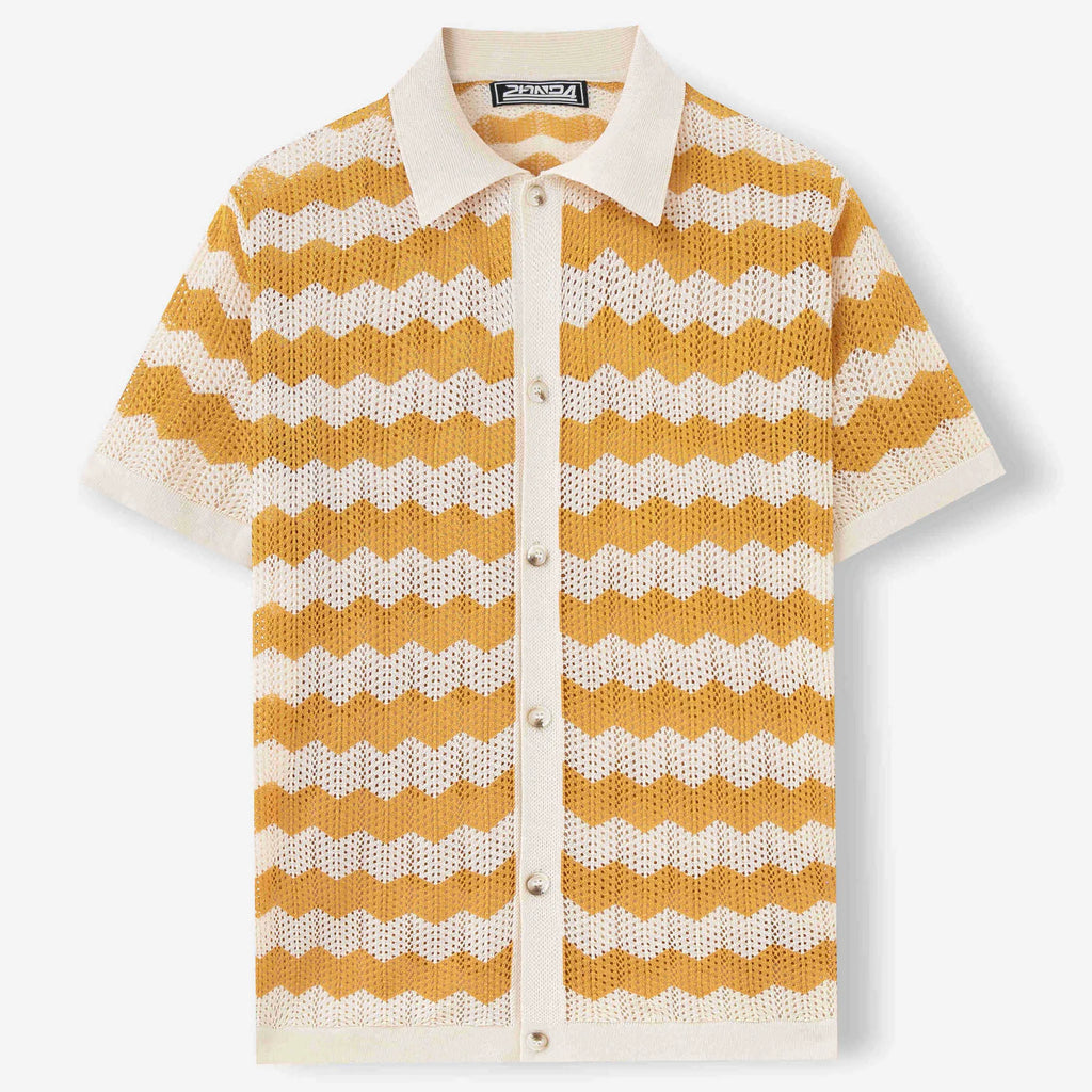 Short sleeve summer sweater with corrugated jacquard texture in blue, brown, or yellow