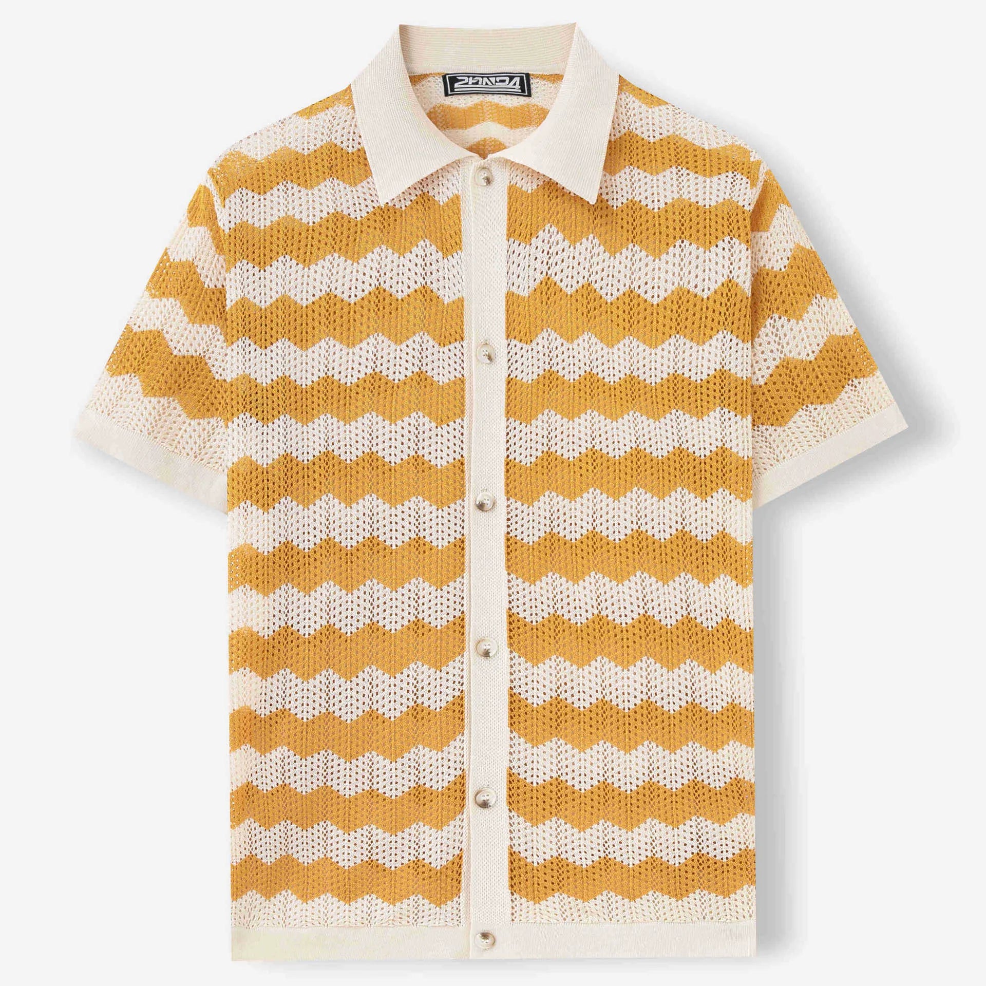 Short sleeve summer sweater with corrugated jacquard texture in blue, brown, or yellow
