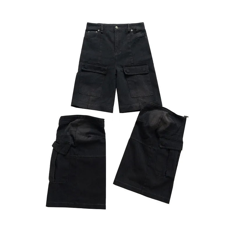 Detachable worn look cotton overalls in black, multi-pocket design with zip front, mid waist, side and front pockets visible