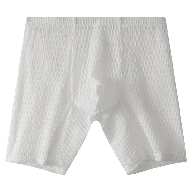 Men's transparent lace boxer shorts in light purple on a size chart, showing mid waist and lengthened leg design.