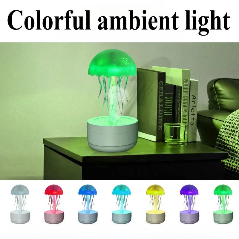 White jellyfish essential oil diffuser with 300ml tank and 7-colour night light on a desk
