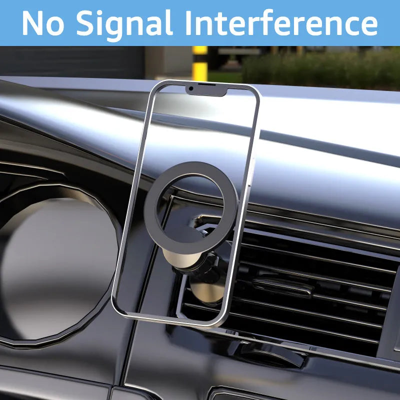 Black magnetic car air vent phone holder with O‑ring bracket for mobile phones up to 6.8 inches.