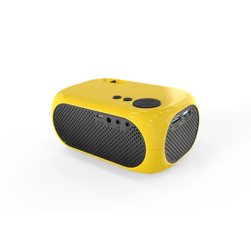 M24 micro mini portable LED projector in gold or white colour on a dark surface