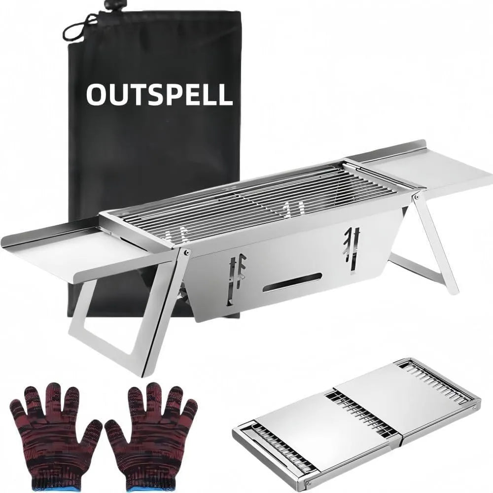Small folding portable charcoal grill for outdoor barbecues, shown in use and folded for storage.