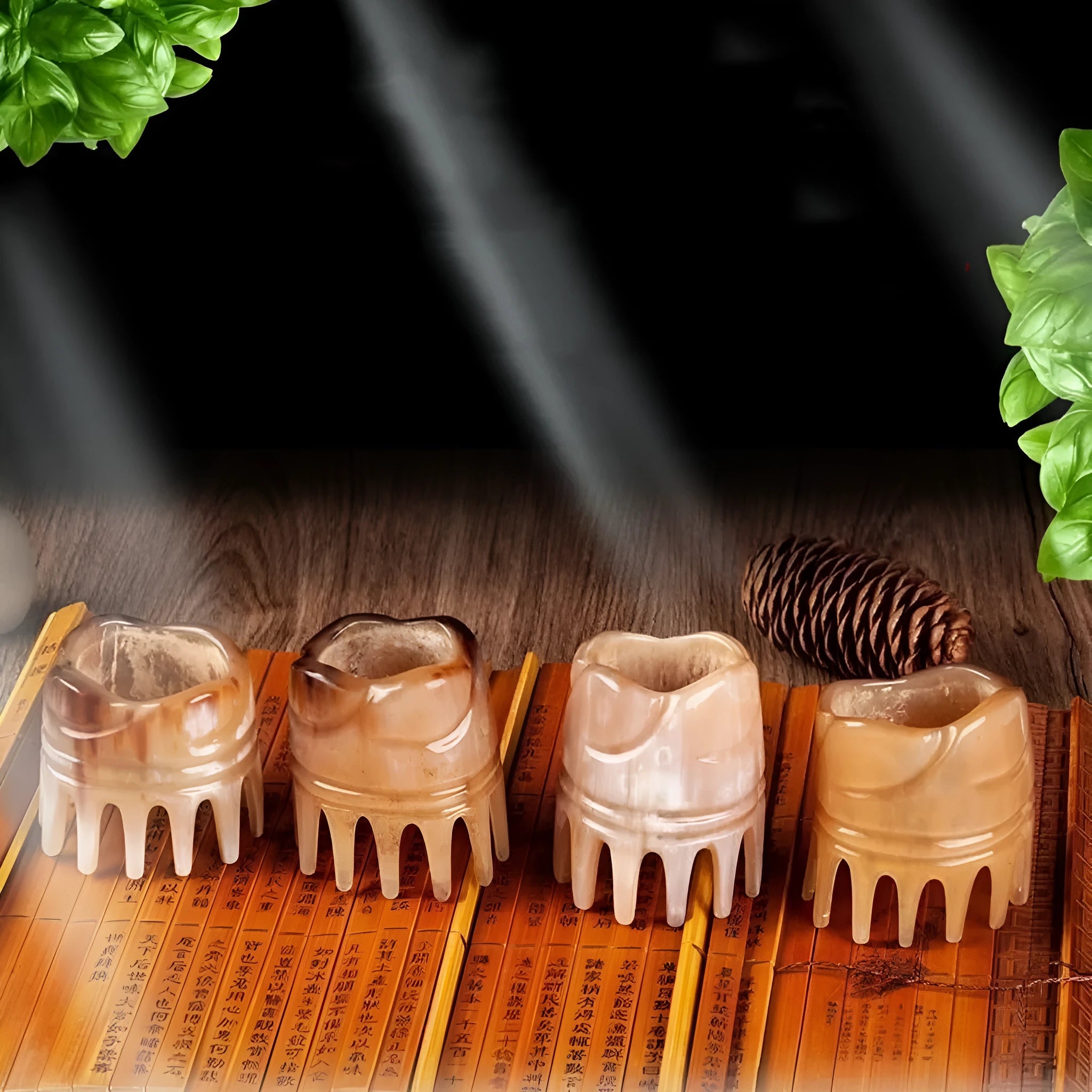 Natural white buffalo horn comb with wide teeth and pointed tip for traditional Chinese meridian scalp massage