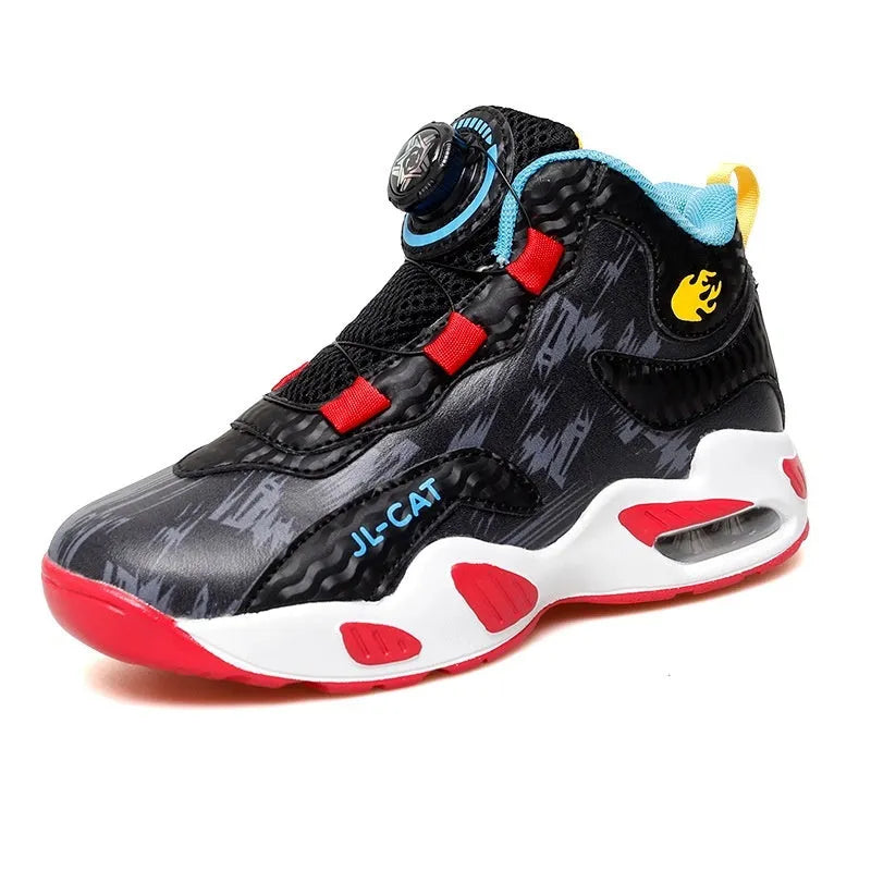 Children's rotating button basketball shoes in synthetic leather, shown in black colourway.