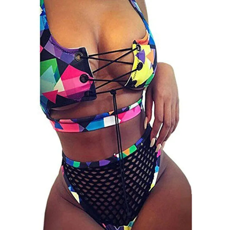 Women's cross strap fishnet high waist bikini set in checkered multicolor with bra top and shorts
