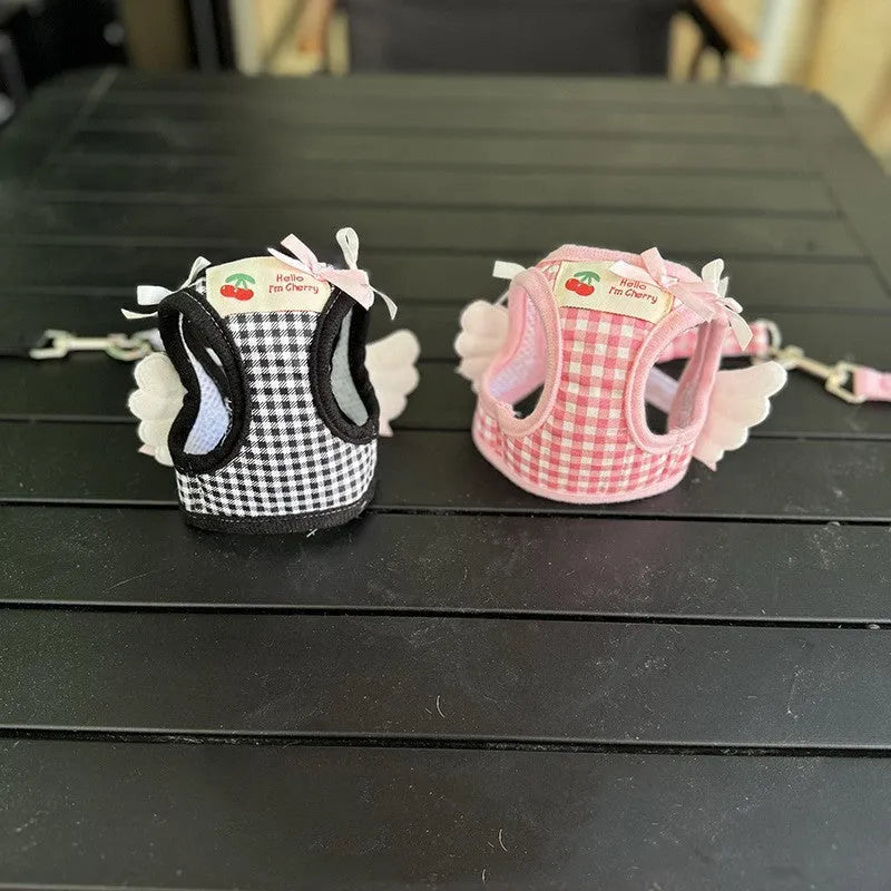 Cotton chest and back harness with hand holding rope for small dogs in pink and black colours