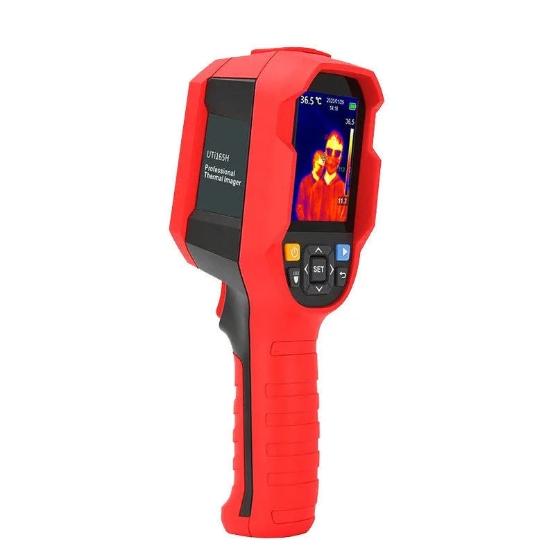 UTi series handheld infrared thermal imaging camera on a workbench with SD card and USB cable.