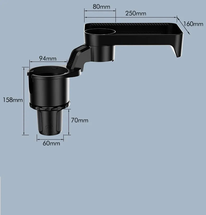 Black car-mounted rotating dinner tray holder with cup holder attachment