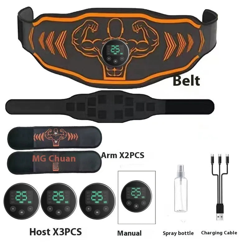 EMS massage belt with rechargeable control unit and arm stimulation stickers in blue or orange