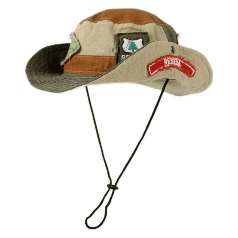 Army green cotton fisherman hat with patchwork fabric and flat top crown design
