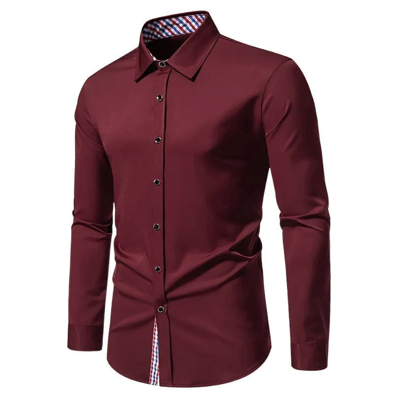 Men's loose plaid stitching casual long-sleeved shirt in polyester fibre, available in black, cardigan style.