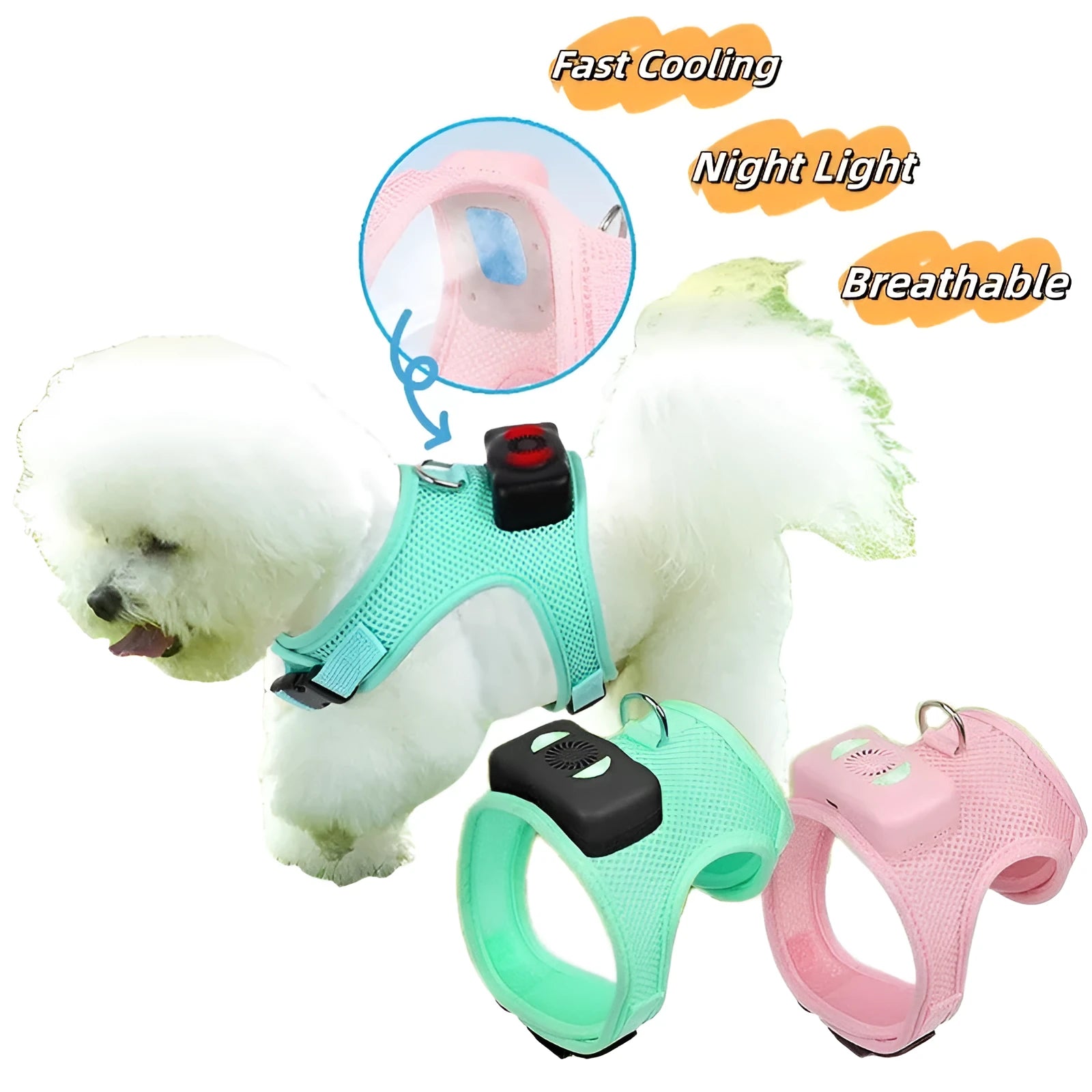Mint green dog cooling vest harness with LED lights and leash for small breeds