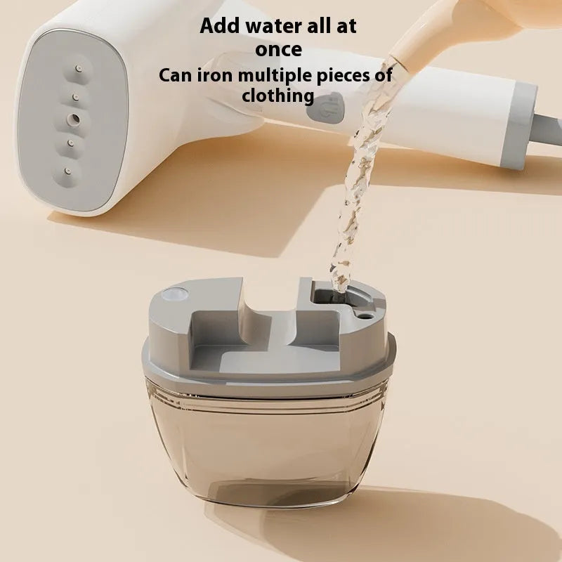 Blue handheld garment steamer with water tank and steam nozzle for clothing wrinkle removal