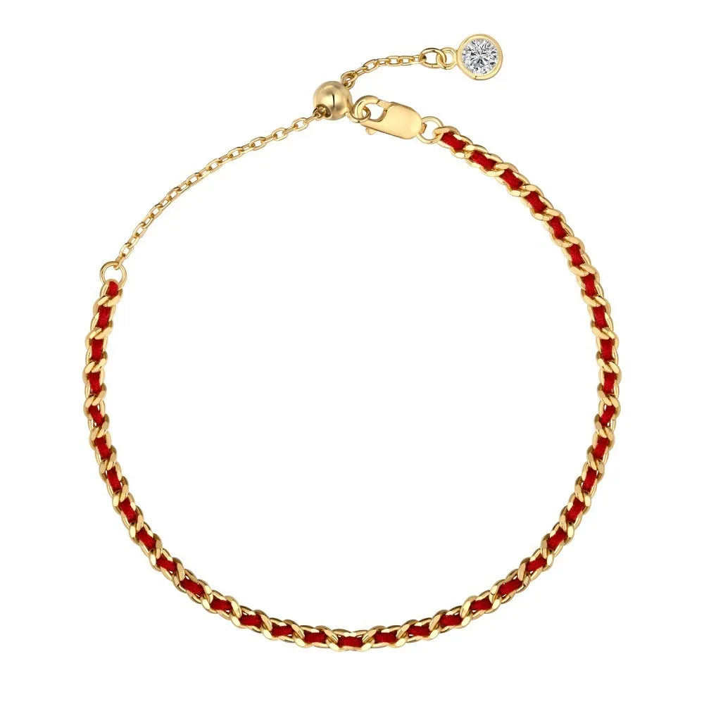 Women's 925 sterling silver bracelet with red rope, gold colour, geometric shape, Chinese style